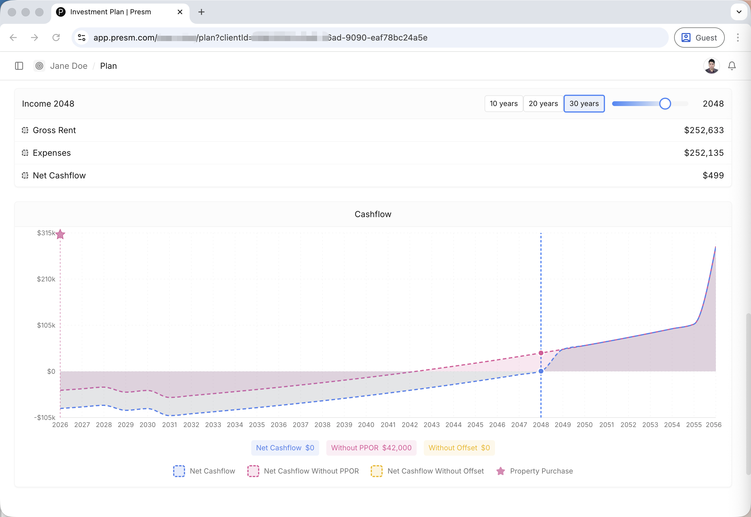 30 year cash flow projection showing net cashflow growth, gross rent of $252,633 and property purchase milestones