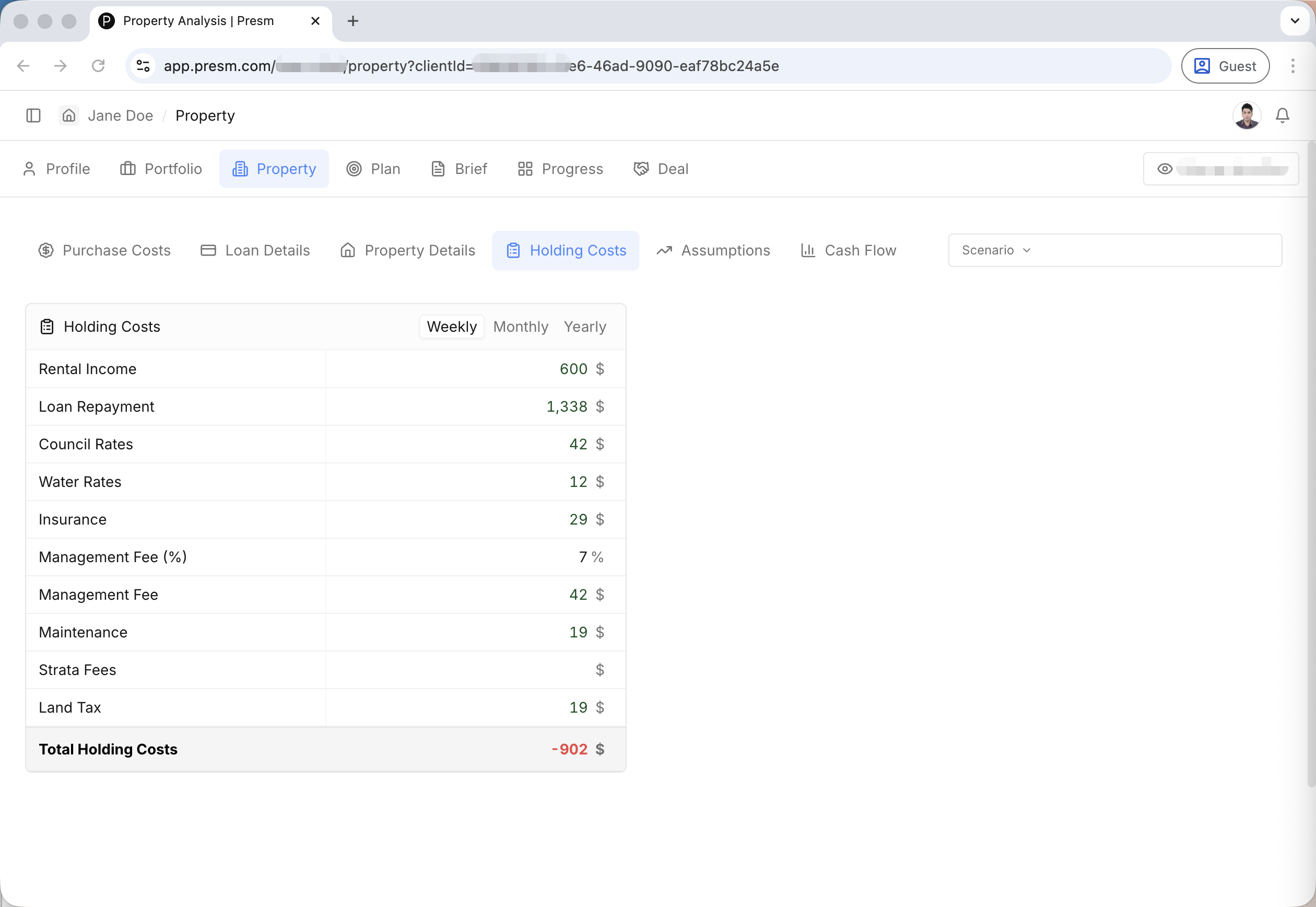 Weekly holding costs breakdown showing rental income, loan repayment, council rates, insurance, and land tax for an investment property